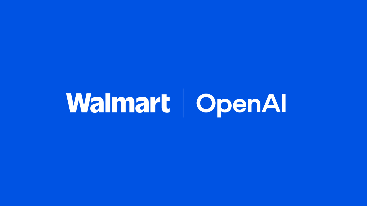 沃尔玛和 OpenAI 的标识在蓝色背景上