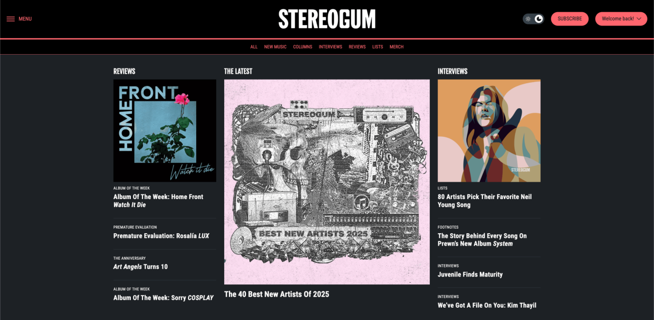 Stereogum 深色模式新主页